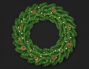 Christmas Wreath Illustration on Black Background with Pine Cones and Lights