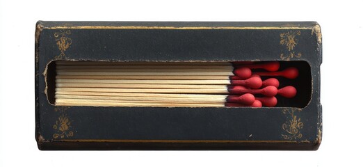 Close-up of a vintage black matchbox with golden decorative elements containing neatly arranged wooden matches with red heads, showing wear on corners