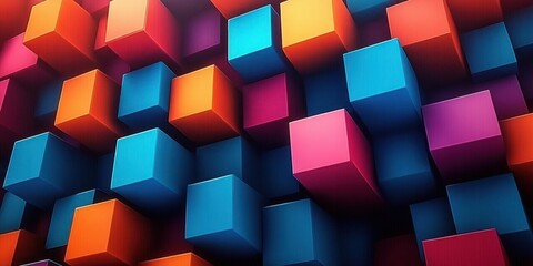 Vibrant 3D cubes in bright colors including orange, blue, purple, and pink, arranged in a staggered grid creating a dynamic geometric pattern with depth and shadow