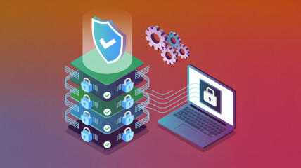 Digital security concept with layered servers protected by a shield and connected to a laptop displaying a padlock icon