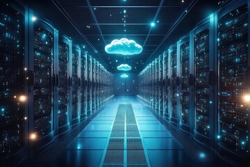 Futuristic server room with glowing cloud icons representing cloud computing technology and data transfer in a high-tech environment