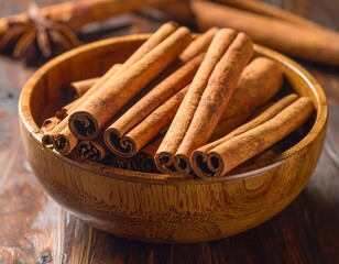 Cinnamon sticks in a wooden bowl, perfect for cooking and adding warmth to recipes