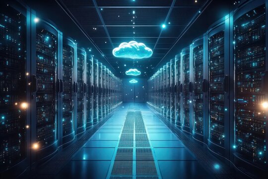 Futuristic server room with glowing cloud icons representing cloud computing technology and data transfer in a high-tech environment