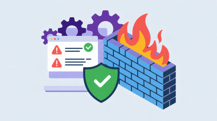 Digital firewall protecting against cyber threats and security risks with warning icons and gears
