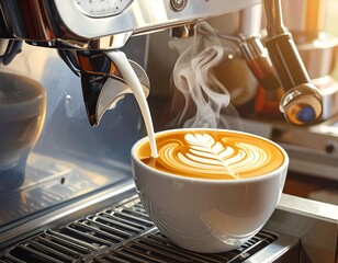 Close-up of a barista pouring milk into a coffee cup making latte art