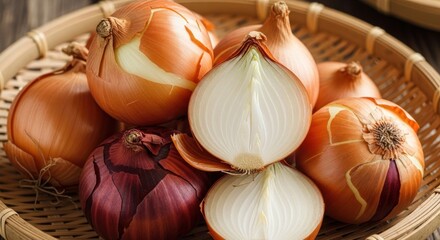 Basket of onions, including a cut one revealing white and red layers