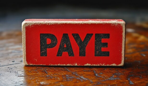 Close-up of a weathered red wooden block with the word PAYE in bold black letters resting on a scratched wooden surface with a blurred dark background