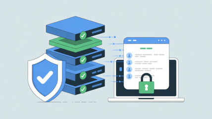 Secure data storage and network security concept with stacked servers shield and locked mobile device on laptop