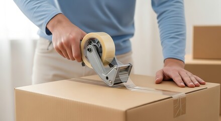 Person Sealing Cardboard Box with Packing Tape for Moving or Shipping.