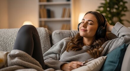 A serene woman relaxes on a couch, eyes closed, enjoying music through headphones