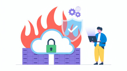 Cybersecurity concept of a protected cloud server with a firewall and a person monitoring data security with a laptop computer