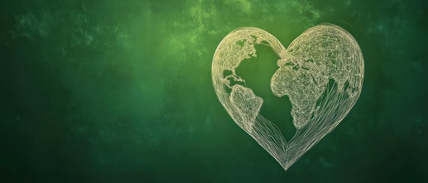 Abstract wireframe heart shape incorporating world map continents on textured green background conveying global love and unity