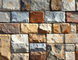 Close-up of a textured stone brick wall background with various colors