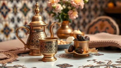 A cup of Arabic coffee with dates served on a traditional table
