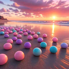 pastel candies on reflective beach at sunset