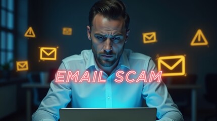 Concerned Caucasian man focused on a laptop, illuminated by email icons, representing anxiety over email scams.