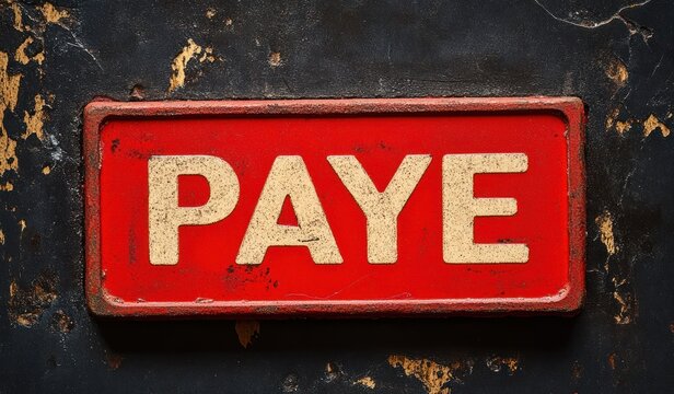 worn red metal sign with the word paye in bold white letters on a distressed black and rusty background