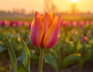 Close-up of a vibrant tulip with water droplets at sunrise or sunset