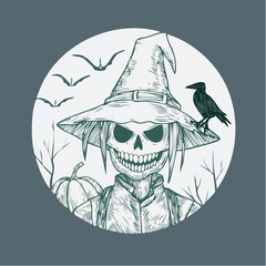Eerie scarecrow with a wicked grin, wearing a witch's hat and a crow, with a pumpkin ready for a spooky Halloween night out in the haunted woods