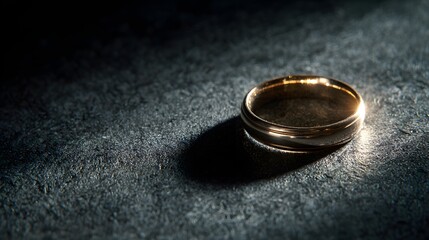 Single gold band lies dramatically illuminated upon a dark textured surface
