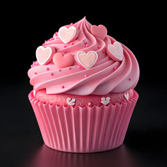 pink cupcake with hearts decoration isolated on black background, 