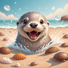 playful otter splashing in seashells at the beach