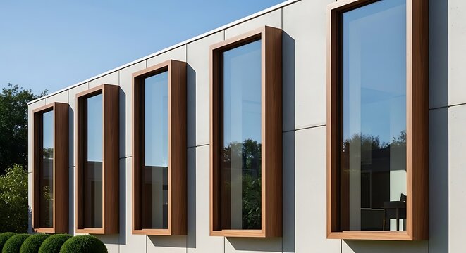 Modern building exterior with a row of contemporary rectangular windows and subtle green bushes in the foreground