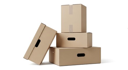 Fototapeta premium Stack of brown cardboard moving boxes and shipping cartons isolated on a white background.