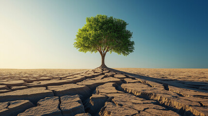 Drought impact on resilient tree cracked earth landscape nature photography arid environment wide angle survival concept