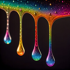 rainbow glitter syrup dripping on black background 