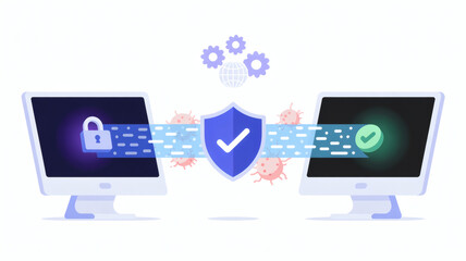 Secure digital data transfer between two computers protected by a shield and padlock icon representing cybersecurity and network protection