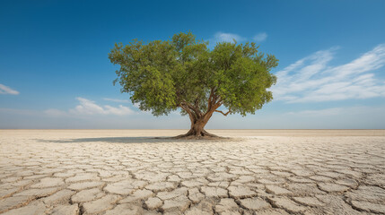 Resilient tree standing alone on cracked earth in a parched landscape under clear blue sky