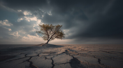 Lonely tree in arid landscape under stormy sky nature photography dramatic environment fine art view