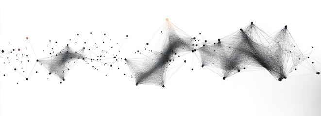 Abstract network of interconnected black dots and fine lines forming wave-like geometric shapes on a white background conveying complexity and connection