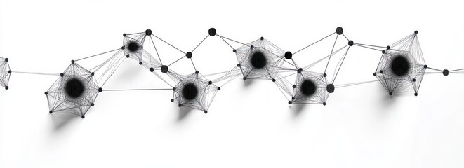 Abstract black interconnected spheres connected by fine black threads on white background creating a network pattern with shadows