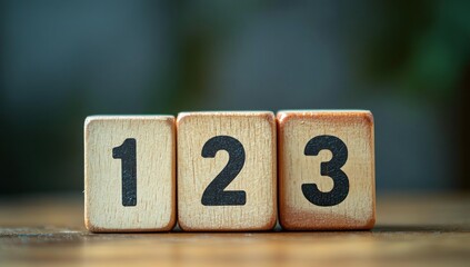 Wooden blocks numbered one, two, and three arranged in a row on a wooden surface with a dark blurred background.