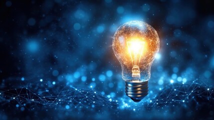 Glowing light bulb with network connections and digital particles illuminating a dark blue technological background symbolizing innovation and ideas