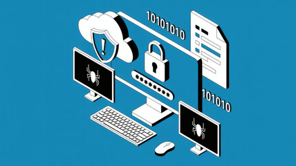 Digital security concept with locked computer screens cloud data protection and binary code illustrating cybersecurity and online privacy