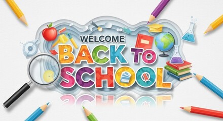 Colorful layered paper-cut 'Welcome Back To School' message with school supplies