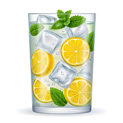 ice cube and lemons on glass isolated on white background,