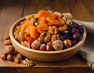 Close-up of a wooden bowl filled with dried fruits and nuts on a rustic wooden table