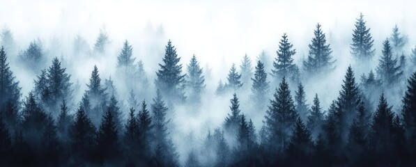Obraz premium Dense forest of tall pine trees shrouded in thick mist creating a serene and mysterious atmosphere