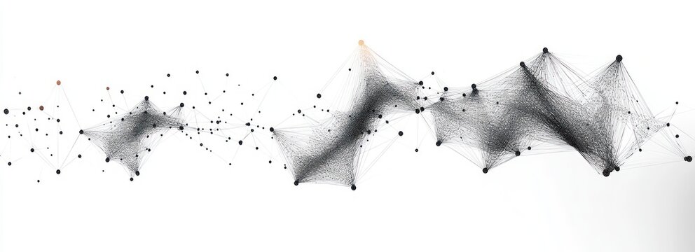 Abstract network of interconnected black dots and fine lines forming wave-like geometric shapes on a white background conveying complexity and connection