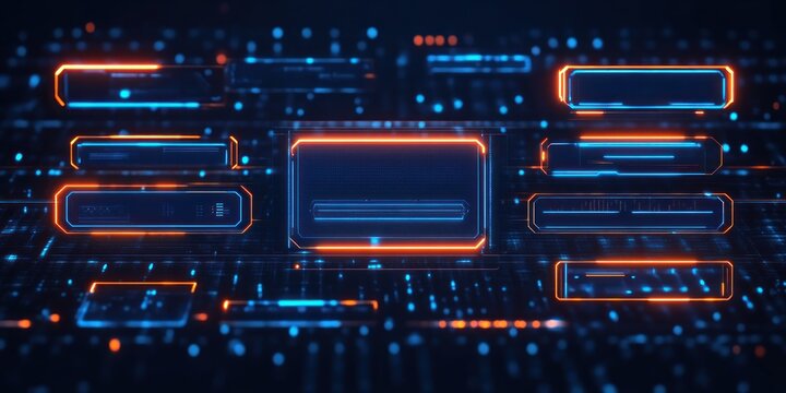 Futuristic digital interface with glowing blue and orange holographic rectangles and lines representing data or technology connections on a dark background