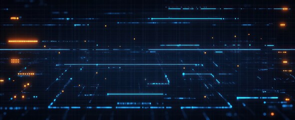 Futuristic digital grid with glowing blue and orange lines and dots forming a high-tech circuit pattern conveying a sense of advanced technology and data flow