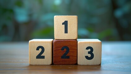 Wooden blocks arranged on a wooden surface with numbers one, two, two, and three, set against a blurred natural green background, symbolizing order and balance