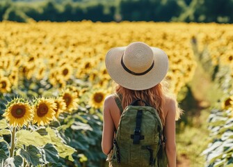 Woman with blonde hair wearing a large straw hat and green backpack walking through a vast sunflower field under sunlight