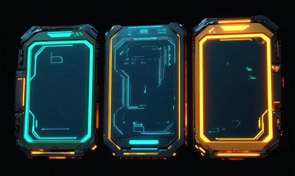 Three futuristic digital display panels with neon blue and orange glowing interfaces on dark backgrounds emitting a high-tech sci-fi atmosphere - Powered by Adobe
