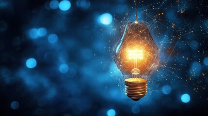 Glowing incandescent light bulb suspended in mid-air with sparks and web-like glowing connections on a dark blurred blue background