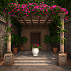 pink bougainvi on door, luxury house, home car parking room
